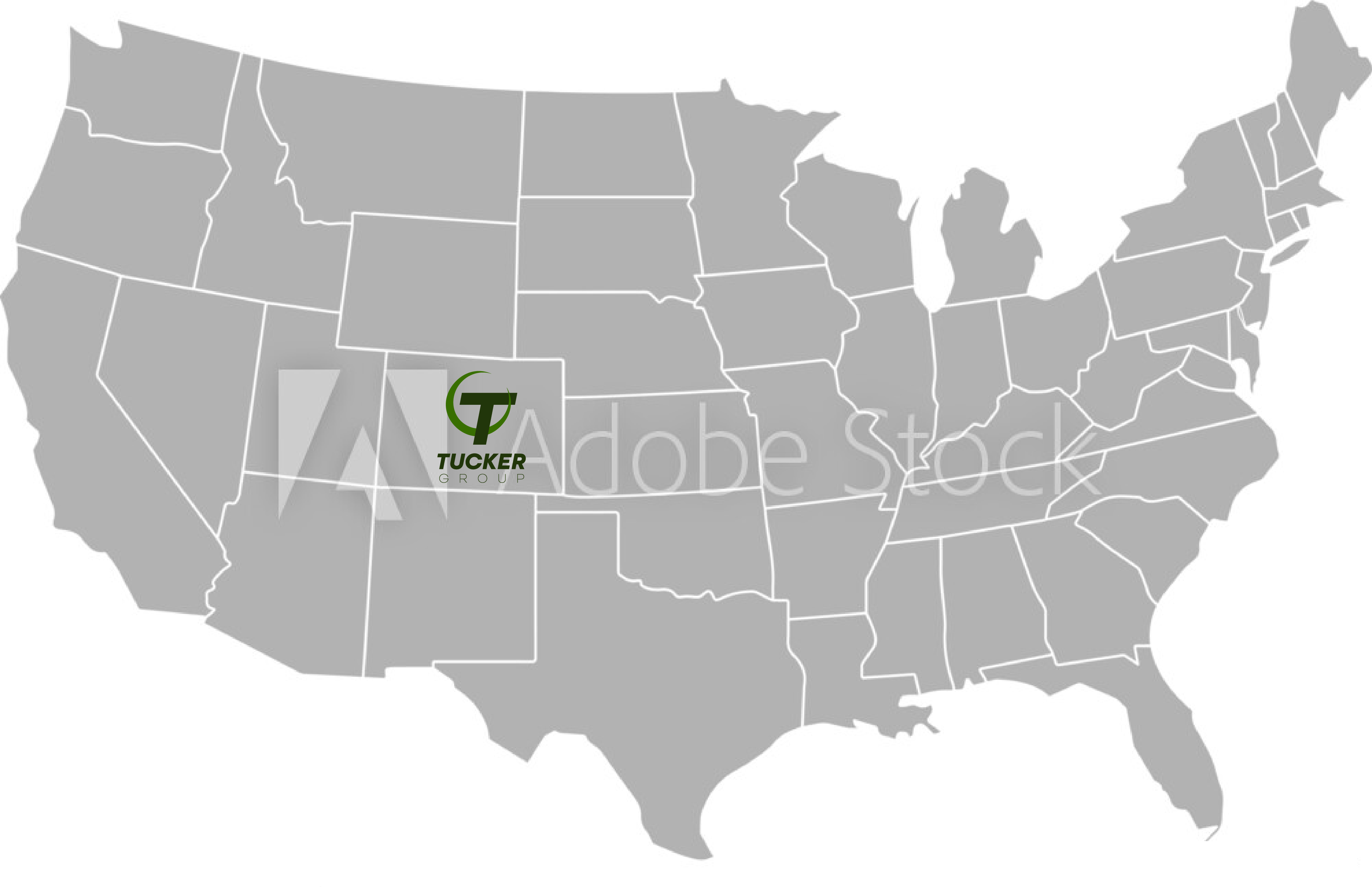 Illustrated map of United States with Tucker Group logo over Colorado