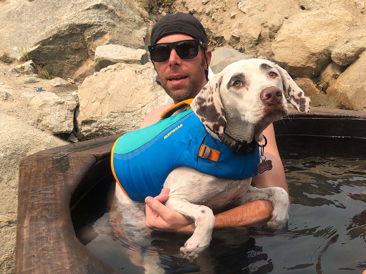 Josh holding Bella in Boat Box Hot Springs