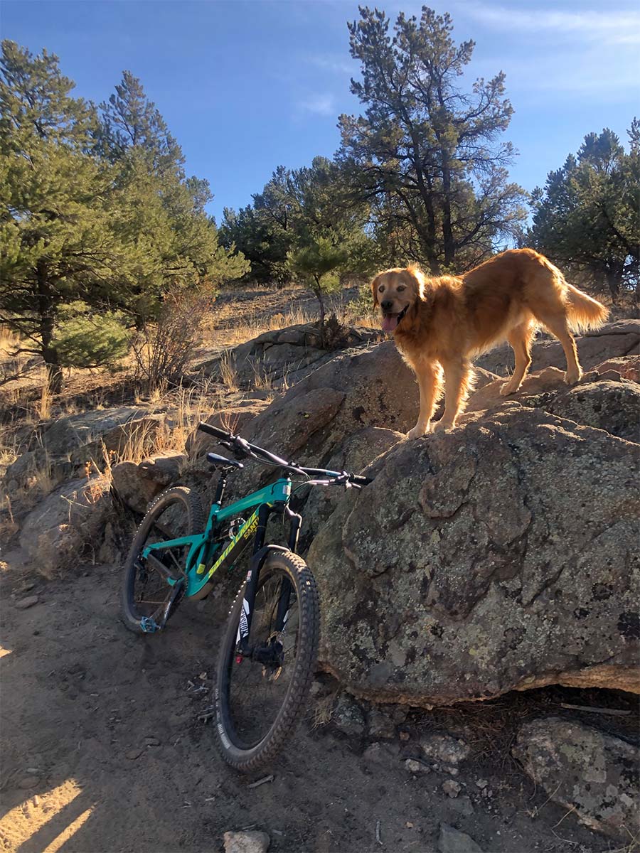 Cooper on rock with Santa Cruz Nomad bike leaning up against rock